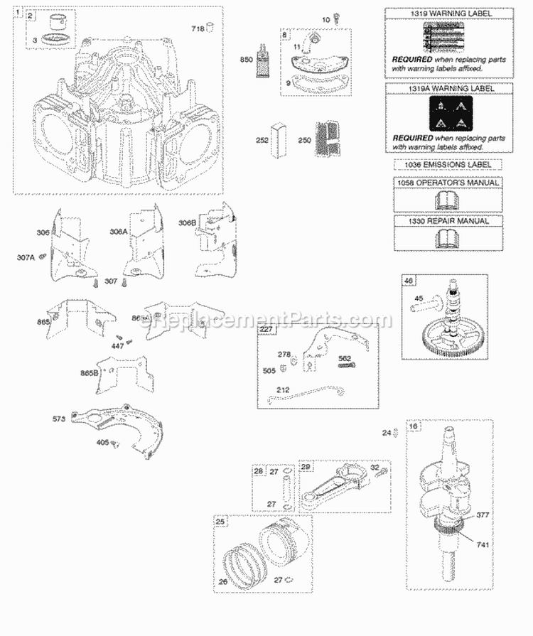 Cylinder Crankshaft Camshaft Air Guides PistonRingsConnecting Rod Diagram and Parts List for 445677-5262-B1  Briggs and Stratton Engine